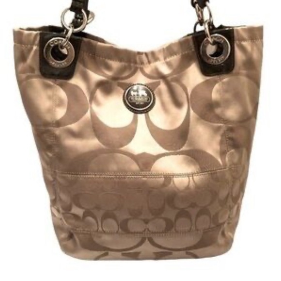 Coach 14449 Alex Signature Sateen & Patent Leather Large Tote Tan/Brown - Picture 1 of 15